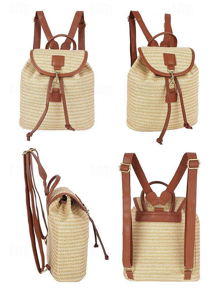 stro rugzak voor vrouwen – boho geweven rotan reistas met leren banden, chique zomer strand rugzak, casual vakantie & dagelijks gebruik handtas wit roze bruin 2025 - $29.99 –P8