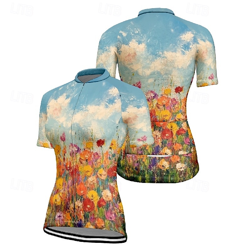 Dame Sykkeltrøyer Blomsternål i krystall Kortermet Sykkel T-skjorte Jersey med 3 baklommer Fjellsykling Hurtigtørkende Anatomisk design Vidje Pustende sport Gul Blå Oransje Klær 2026 - $23.99 –P14