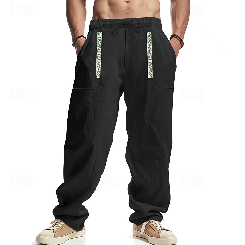 Men's Linen Pants Trousers Summer Pants Beach Pants Patchwork Drawstring Straight Leg Plain Comfort Breathable Full Length Casual Daily Holiday Fashion Classic Style Black White 2026 - $26.99 –P10