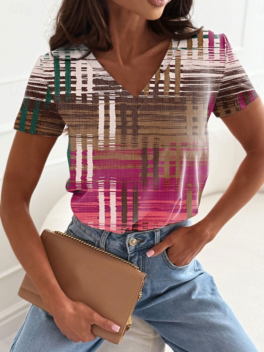 Damskie Podkoszulek Graficzny Geometryczny Codzienny Krótki rękaw W serek Zwykłe topy Codzienny Nadruk Rumiany róż Niebieski Zielony Lato Wiosna 2025 - $19.99 –P3