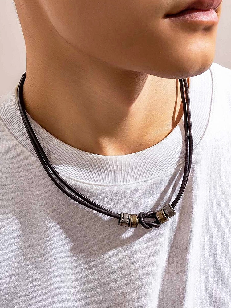 conjunto de colar e pulseira de couro masculino – design de nó vintage com detalhes em metal, joias artesanais ajustáveis para estilo casual, motociclista e boho, perfeitas para uso diário e presentes de 2025 por $14.99 –P2
