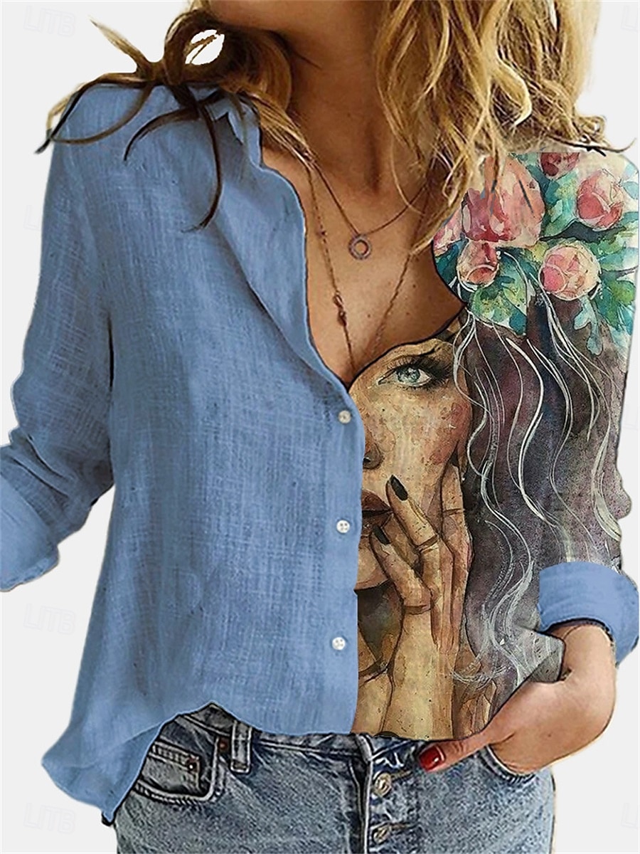 Camicia da donna in cotone e lino grafica quotidiana alla moda casual maniche lunghe colletto bottoni quotidiani bianca blu grigia estate primavera del 2025 a $19.99 –P4