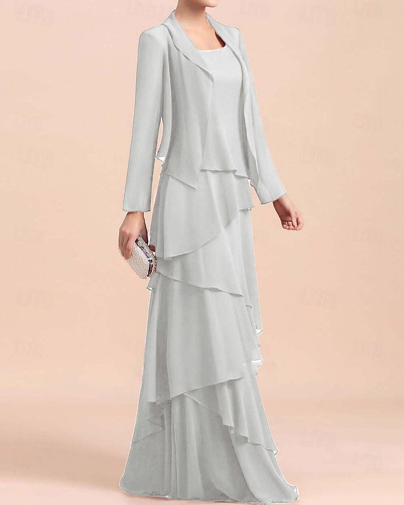 Abito A-Line 3 Pezzi per la madre della sposa Abito formale Elegante Vintage Semplice Girocollo Lunghezza fino al pavimento Chiffon Senza maniche Giacca con perline del 2025 a $185.99 –P2