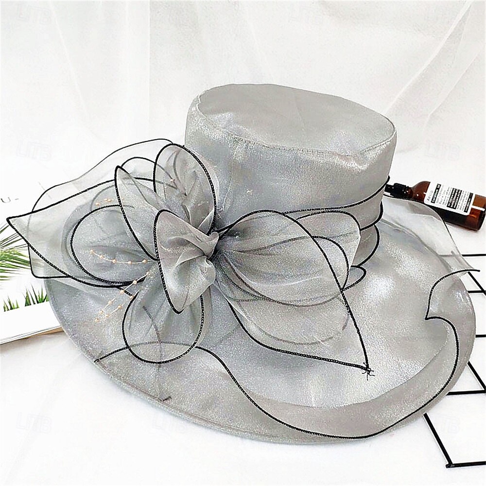 Sombreros Sombrero de Sol de Organza Boda Vacaciones Fiesta de Té Carrera de Caballos Cóctel Elegante Vintage Protección Solar Con Adorno Floral 2025 - $25.99 –P10