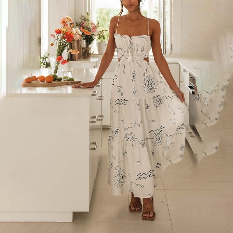 Dam Midiklänning Examensklänning Blommig klänning Slipklänning Klänning med tryck Mode Utomhus Helgdag Helgen Normal Blomma Ärmlös Smala axelband Vit Ljusblå Sommar 2025 - $25.99 –P6