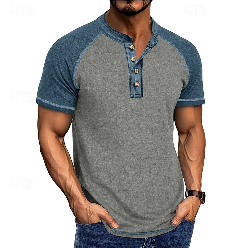 2026年 男性用 ヘンリーシャツ ティートップ ベースボールTシャツ 半袖 カラーブロック ファッション デザイナー ラグランスリーブ ヘンリー バケーション ストリート お出かけ 夏 ダークグレー ブラック グレー ヘンリーTシャツ  コレクション – $21.99 –P1