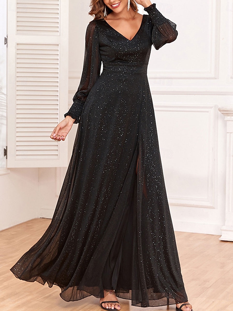 Šaty matky nevěsty elegantní párty černé šaty V krku na zem polyester dlouhý rukáv se sequiny 2025 - $120.99 –P3