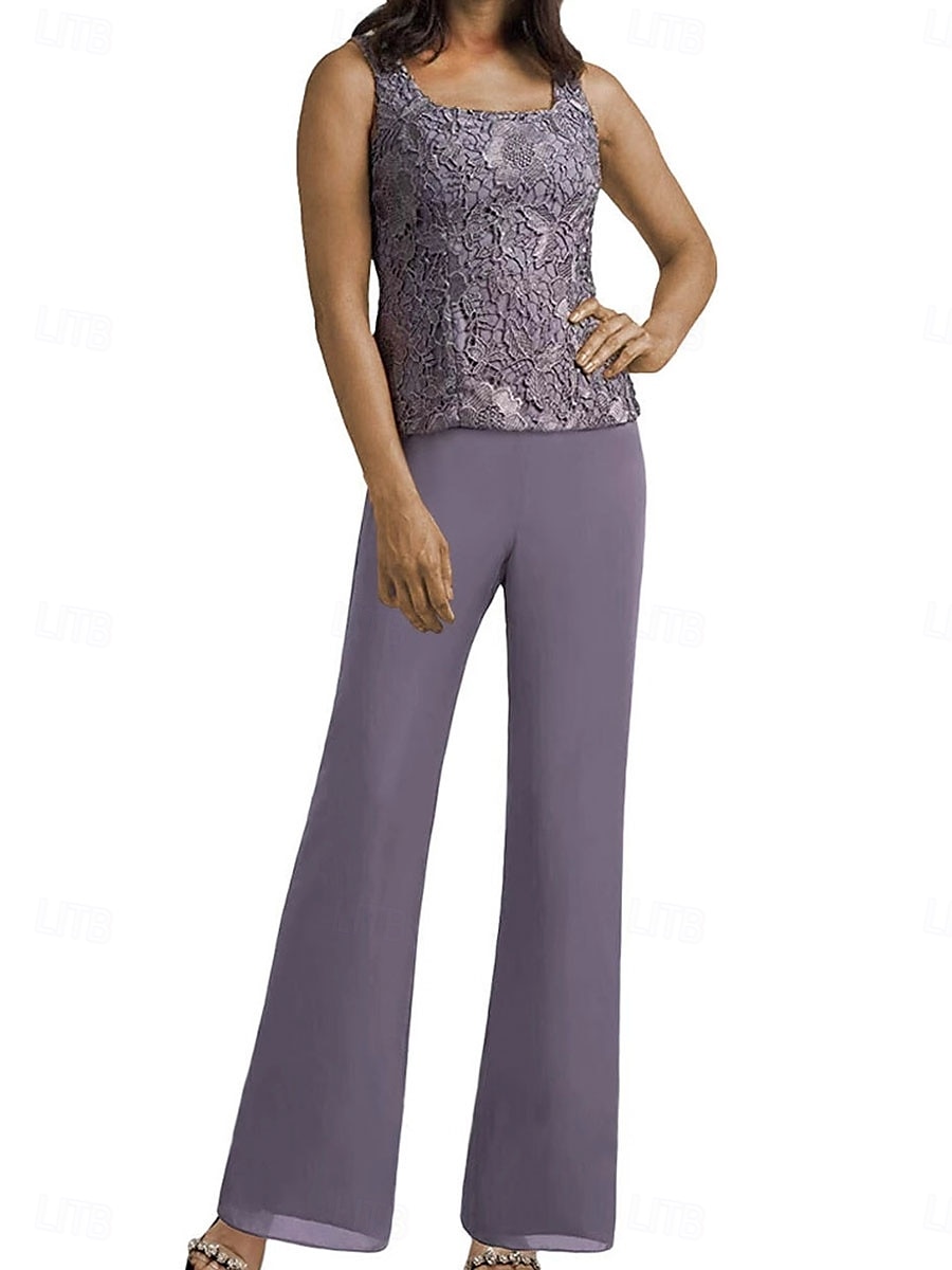 Hosenanzug Brautmutterkleid Hochzeitsgast Elegant Einfach Rundausschnitt Bodenlang Polyester Langarm mit Applikationen Einfarbig 2025 2025 - $103.99 –P2