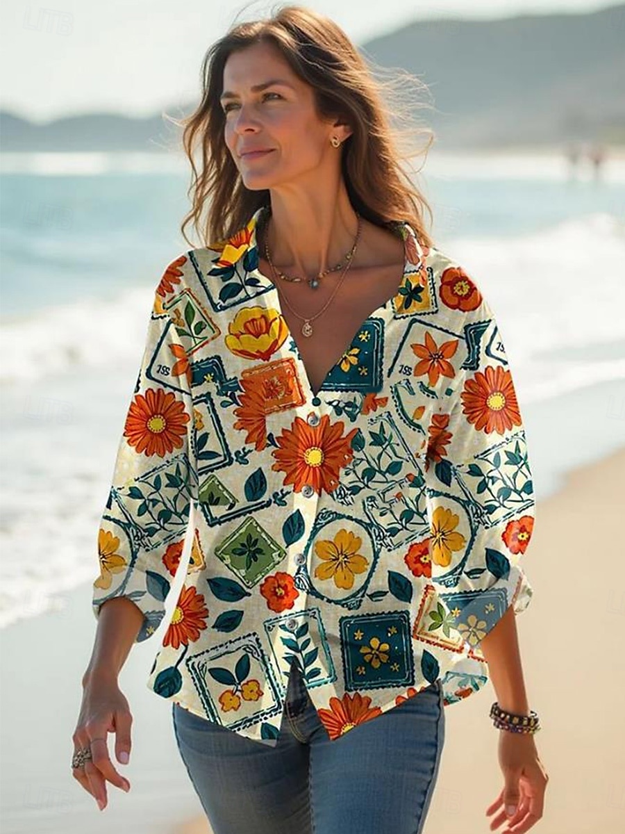 Damen Bluse Floral Grafik Stilvoll Lässig Leinenähnlich Langarmshirt Kragen Reguläre Tops Täglich Urlaub Leinenähnlich Ausgehen Knöpfe Weiß Pink Grün Sommer Frühling 2025 - $32.99 –P2