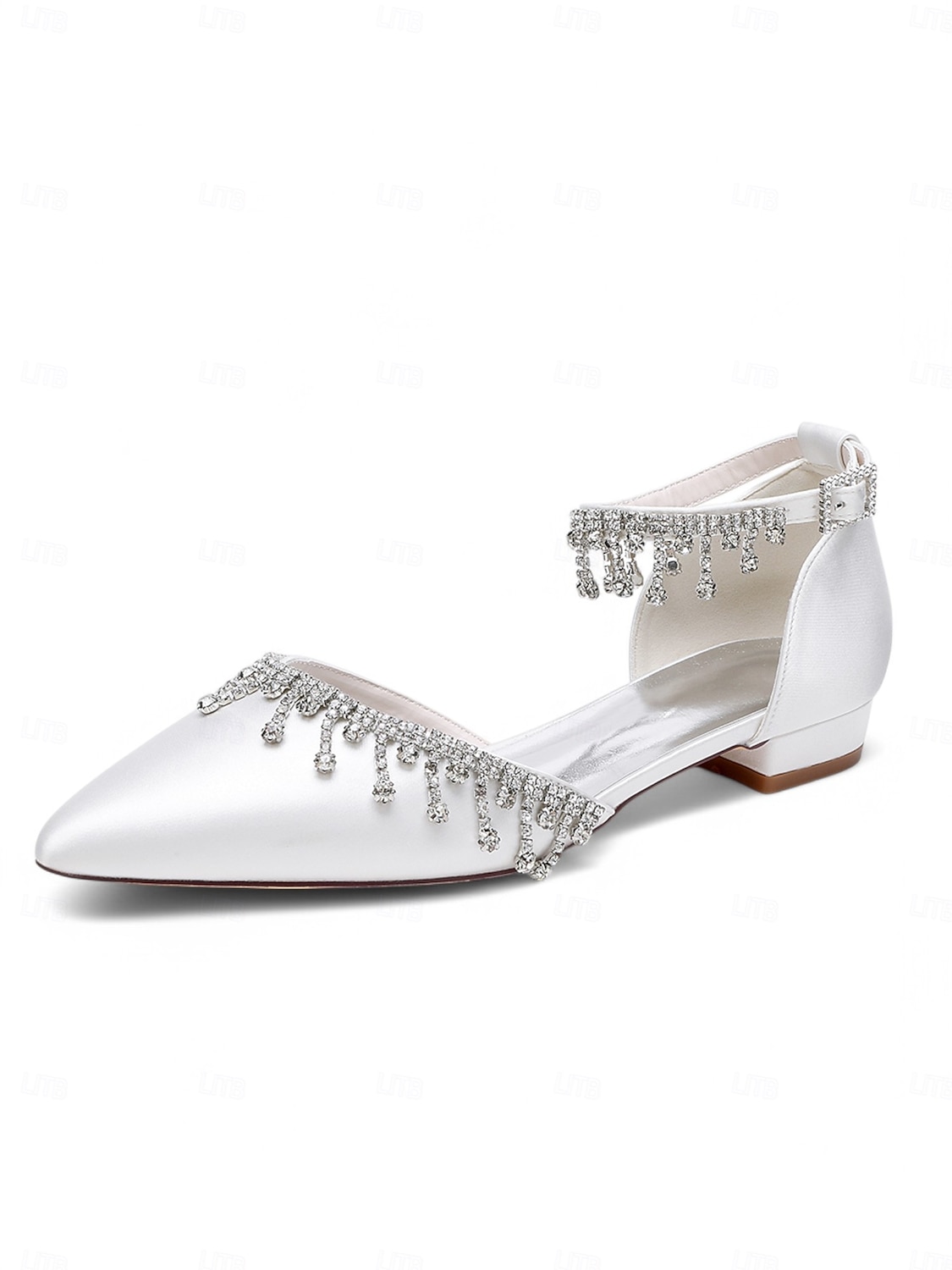 Escarpins de mariage à bride cheville en satin blanc - chaussures de mariée à bout pointu avec détail goutte de cristal de 2025 ? $64.99 –P1