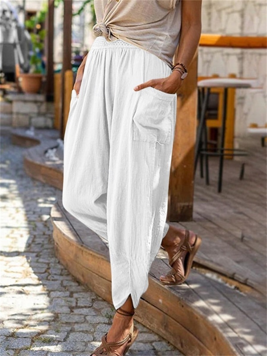 Pantaloni baggy in cotone e lino da donna chinos moda streetwear lunghezza intera vita media tasca semplice elastico comodo morbido confortevole micro-elastico all'aperto street blu uovo di merlo del 2025 a $16.99 –P4