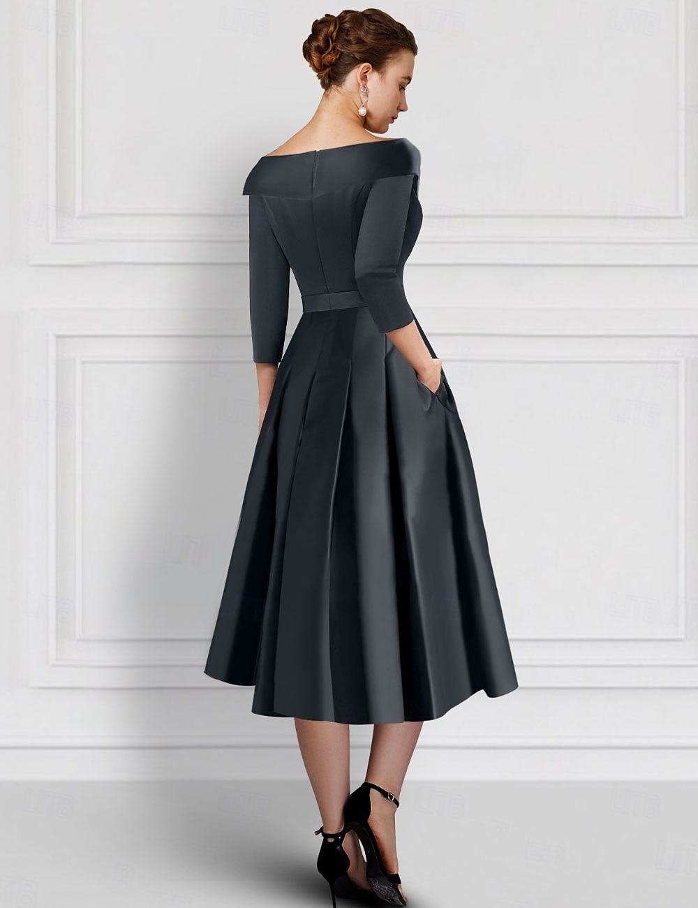 azul bordado folha floral renda a-line coquetel formal casamento convidado vestido elegante vintage camisa colarinho chá comprimento cetim meia manga 2025 de 2025 por $177.99 –P3