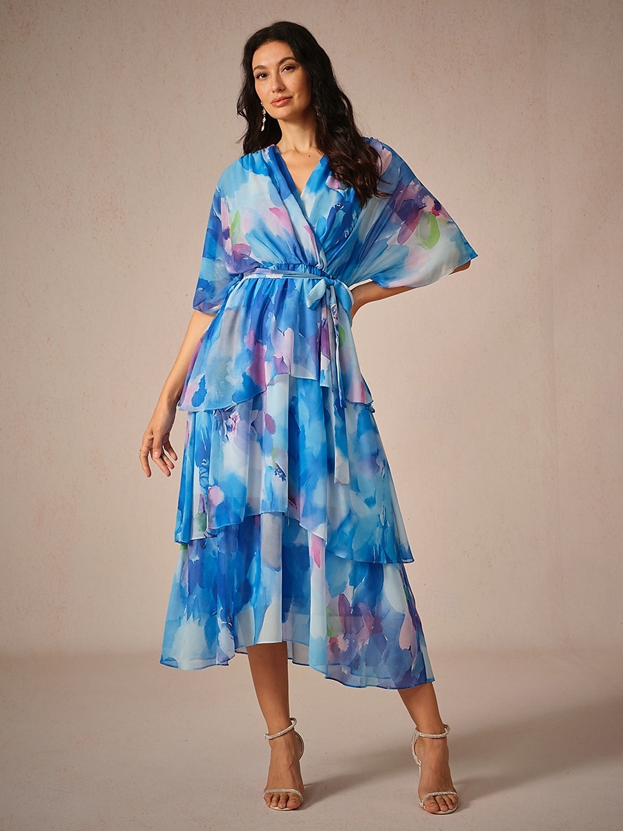 Dame Lang kjole Maxikjole Kjole med A-linje Elegant Formelt Stevnemøte Normal Blomstret Halvlange ermer V-hals Blå Sommer 2025 - $14.79 –P6