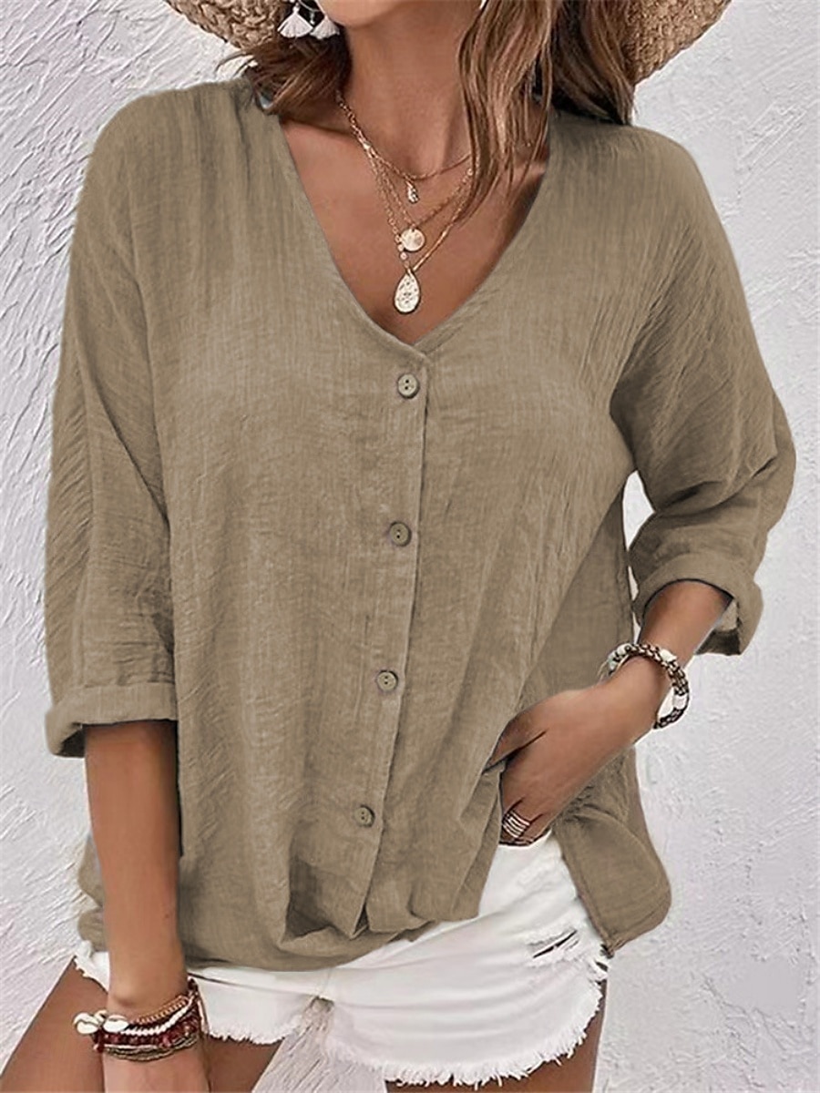 Damen Hemd Baumwoll-Leinen-Hemden Knopfleiste Bluse Einfach Basic Modern Langarm V Ausschnitt Normale Oberteile Täglich Ferien Knöpfe Rosa Blau Purpur Grün Khaki Sommer 2025 - $13.99 –P2