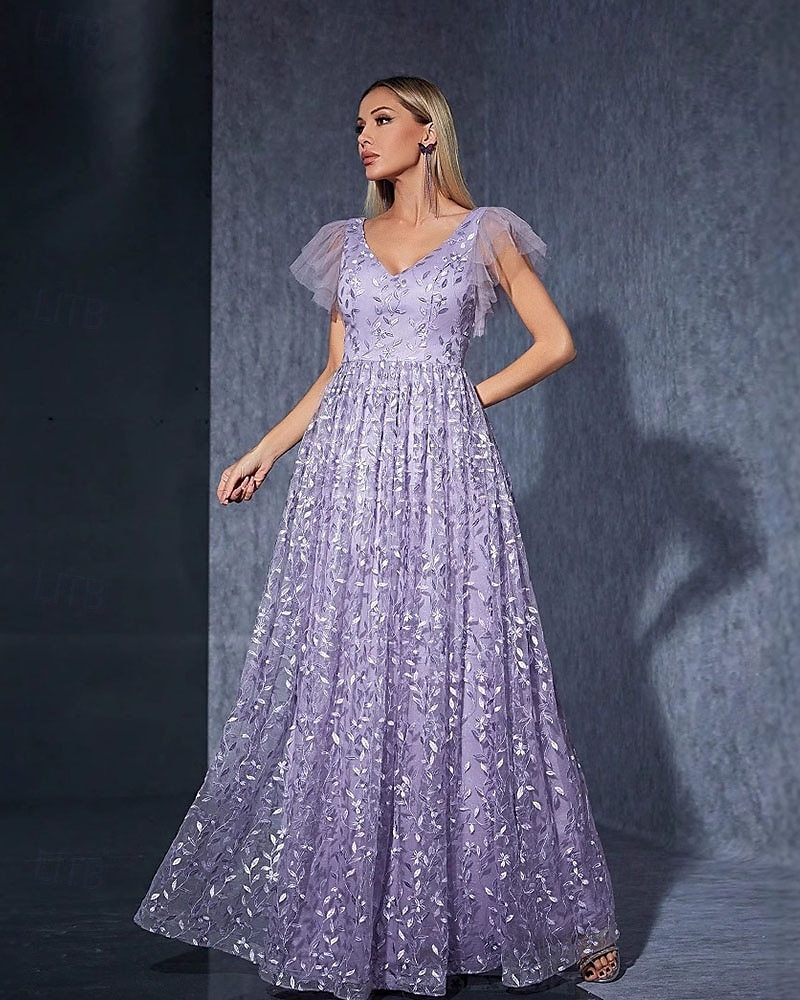 Kleid Mutter der Braut Kleid elegantes lässiges V-Ausschnitt bodenlang Polyester Kurzarm mit Blume 2025 - $104.99 –P2