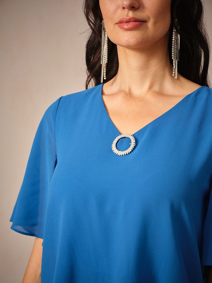 Per donna Vestito longuette Abiti in chiffon Elegante Moda fluente Matrimonio Invitati del matrimonio Morbido Tinta unica Manica corta A V Blu reale Estate Primavera del 2025 a $59.99 -P6