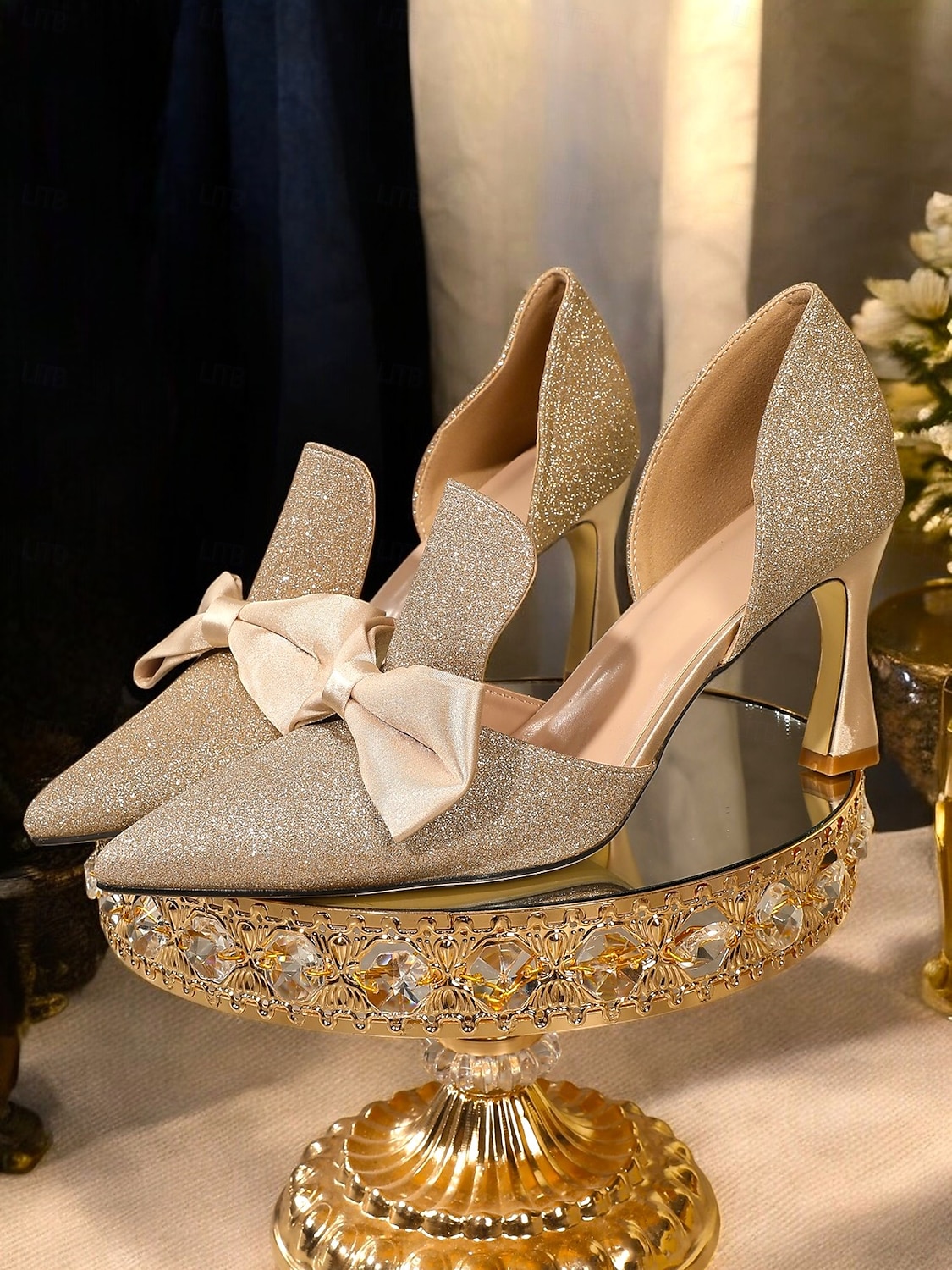 gullglittersløyfe høyhælte pumps for kvinner – elegante brudesko med spiss tå 2025 - $42.99 –P1