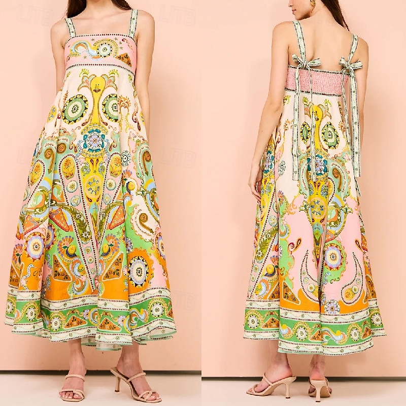 Abito midi da donna, abito floreale, abito sottoveste, abito stampato, moda, classico, per uscire all'aperto, fine settimana, vestibilità regolare, fiore, senza maniche, spalline sottili, verde, estivo del 2025 a $31.99 –P1