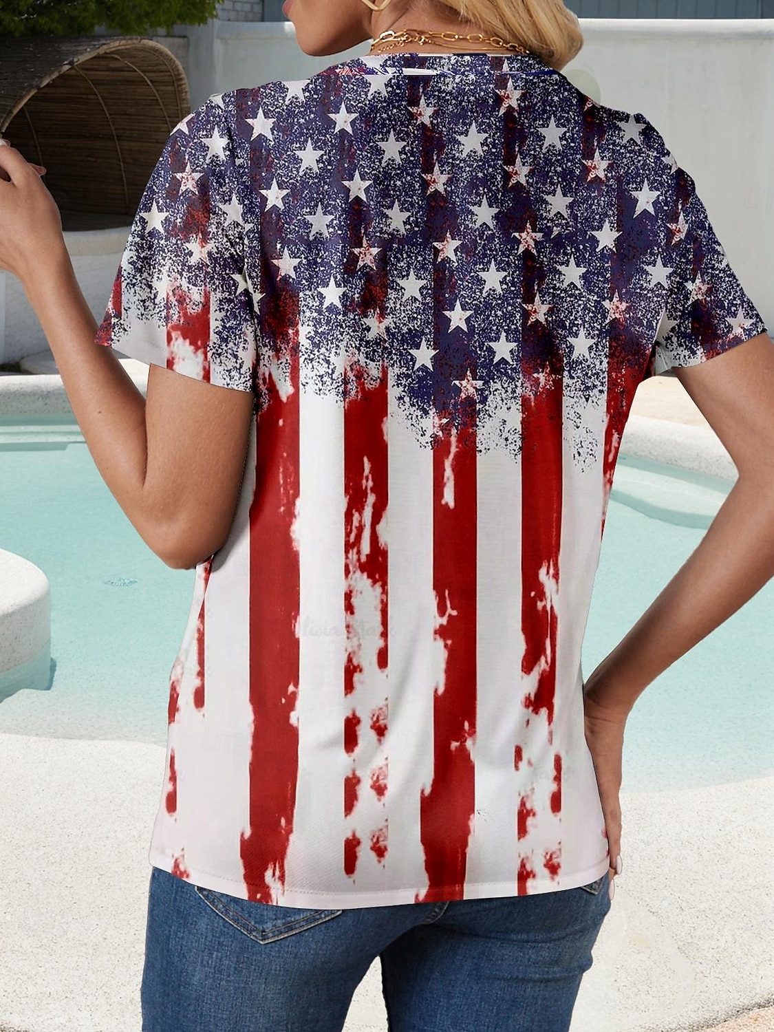 Tricou patriotic pentru femei grafic cu steagul american elegant casual roșu alb și albastru cu mânecă scurtă guler rotund topuri normale printuri zilnice de weekend vin vară primăvară 2025 - $19.99 –P2