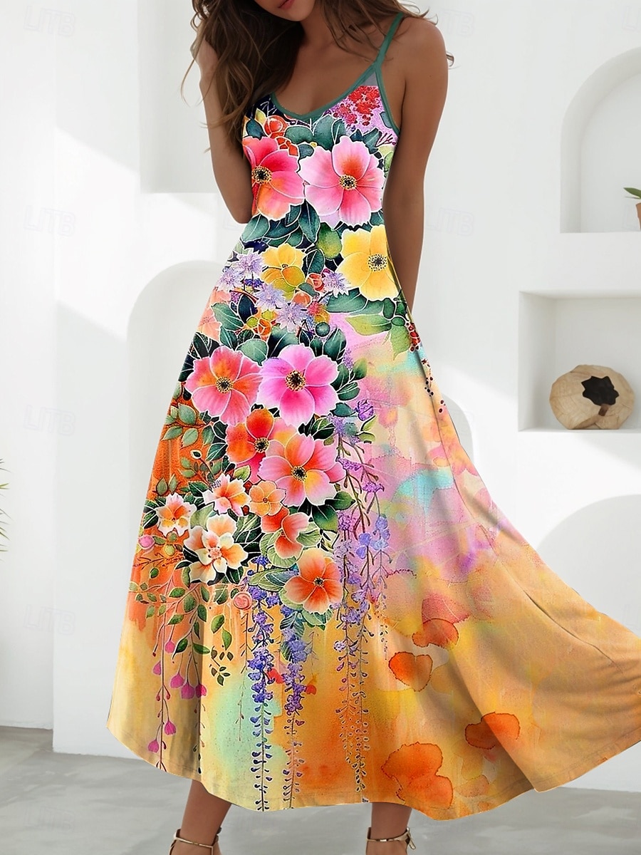 Damen Maxikleid A Linie Kleid Sommerkleid Unterkleid Urlaub Lässig Täglich Normale Passform Blumen Grafik Ärmellos V Ausschnitt Orange Sommer Frühling 2025 - $34.99 –P1