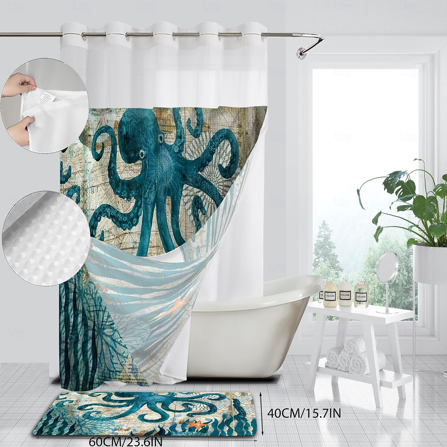 Duschvorhang-Set mit einsteckbarem Innenfutter und transparenter Fensterbahn 180cm*180cm (70"*70") wasserabweisendes Polyester ohne Haken Ösen 120 GSM doppellagige Hotel-Spa Badezimmer-Trennwand 2025 - $41.99 –P9