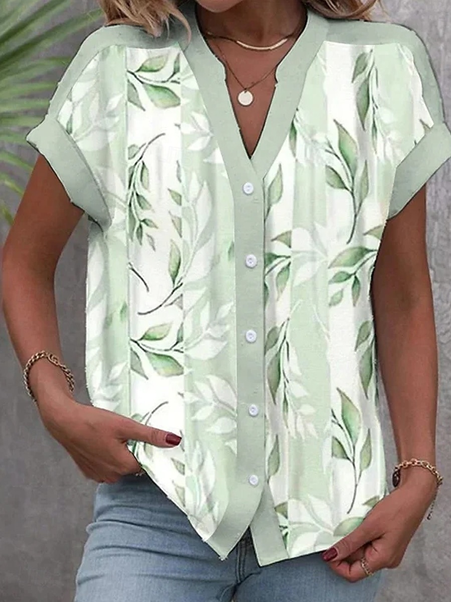 Damen Hemd Sommertops Blumen Graphic Gestreift Täglich Stilvoll Kurzarm Hemdkragen Normale Oberteile Täglich Knopf Bedruckt Hellgrün Sommer Frühling 2025 - $29.99 –P1