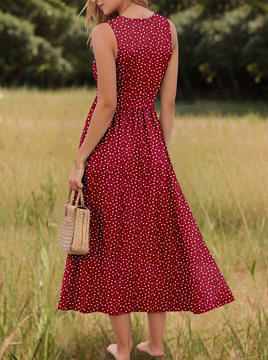 Femmes Robe Midi Robe d'Été Robe trapèze Robe à épaules dénudées Vacances Occasionnel Boho Extérieur Soirée Sortir Coupe régulière Graphique À pois Sans manches Col en U Vin Été de 2025 ? $35.99 –P2