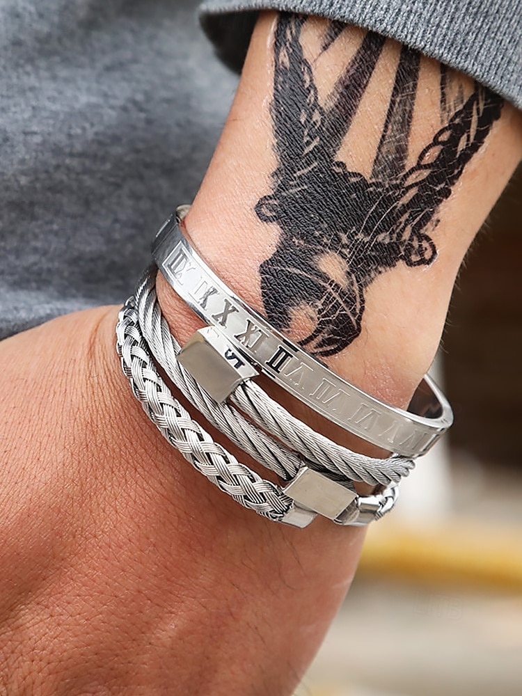 set di bracciali in acciaio inossidabile dorato da uomo: bracciali con numeri romani, intrecciati e con filo metallico, eleganti gioielli impilabili per abbigliamento da lavoro, casual e da festa del 2025 a $18.99 –P2