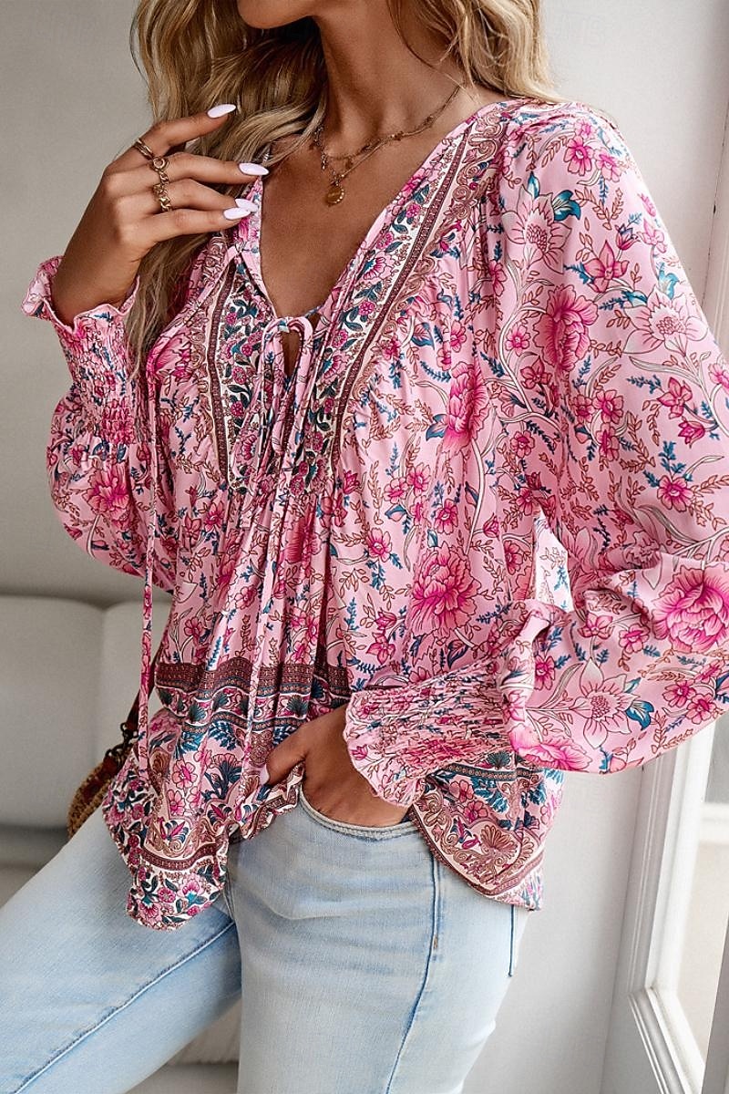 Dame Skjorte Bluse Blomsternål i krystall Daglig Stilfull Fritid Langermet V-hals Vanlige topper Daglig Ferie Trykt mønster Rosa Navyblå Blå Aprikos Vår 2025 - $29.99 –P10