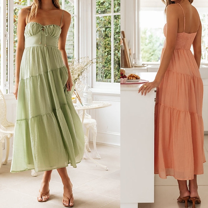 Per donna Abito Midi Abito da laurea Abito Sottoveste Moda Moderno Compleanno Data Uscire Vestibilità regolare Semplice Senza Maniche Spalline sottili Arancione Verde Estate del 2025 a $26.99 –P1