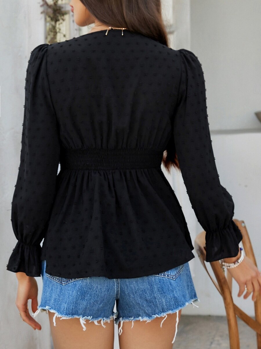 Kvinners Bluse Boho Skjorte Enfarget Stilfull Avslappet Langermet V-Hals Vanlige Topper Daglig Lappverk Utskjæring Sort Hvit Blå Aprikos Sommer Vår 2025 - $37.99 –P12