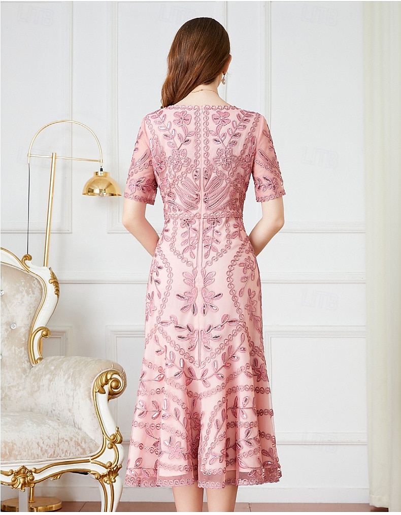 A-Linie Kleid Mutter der Braut Kleid Elegant Vintage Party V-Ausschnitt Tee-Länge Kordelspitze Kurzarm mit Spitze Pailletten Midi Kleid 2025 - $131.99 –P4