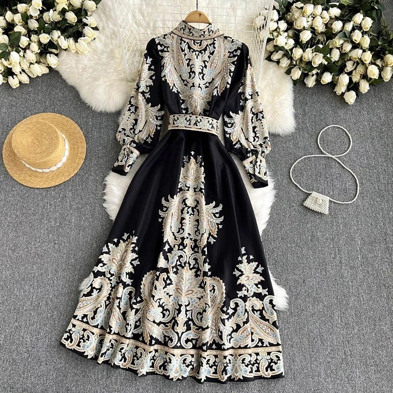Női Midi ruha Boho ruha Divat Szabadság Alkalmi Hétvége Normál Virág Hosszú ujj Állógallér Fekete Medence Sárgabarack Nyár 2025 - $31.99 –P6