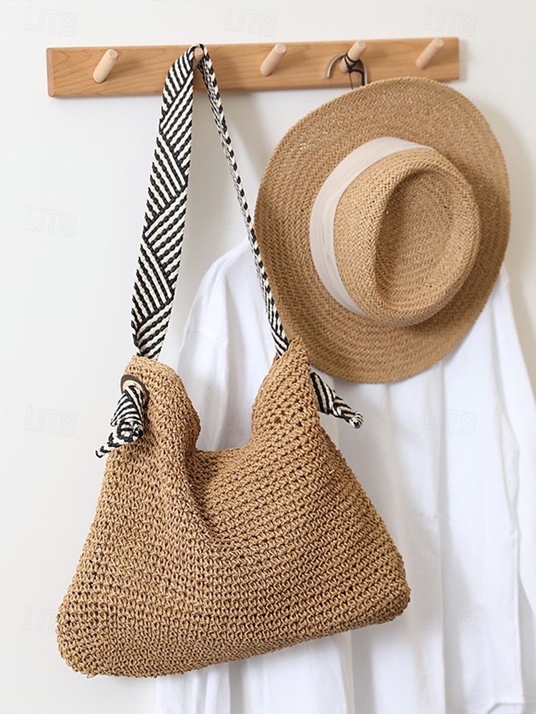 Damen-Umhängetasche aus gewebtem Stroh – Strandtasche im Boho-Chic-Stil mit Riemen im Zebramuster, leichte Sommerhandtasche für Reisen, Urlaub und Freizeitausflüge 2025 - $24.99 –P3