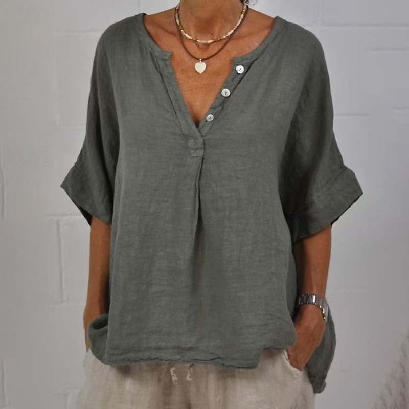 Per donna Camicia Blusa Camicie di cotone e lino Semplice Essenziale Moderno Casual Mezza Manica Scollo a V Top Regolari Quotidiano Ferie Uscire Bottoni Nero Giallo Rosa Grigio Azzurro Estate del 2025 a $22.99 –P4