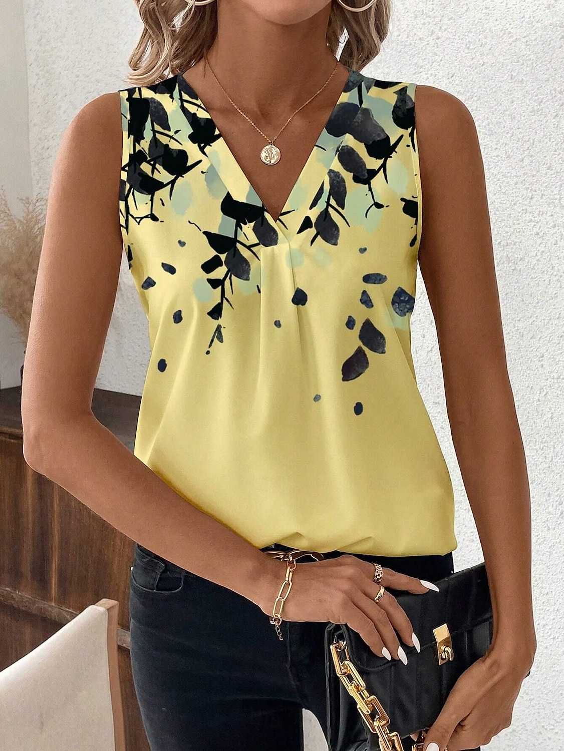 Débardeur Femme Graphique Géométrique Stylé Décontracté Sans Manches Col V Regulier Hauts Quotidiens Imprimé Noir Jaune Été de 2025 ? $19.99 –P7