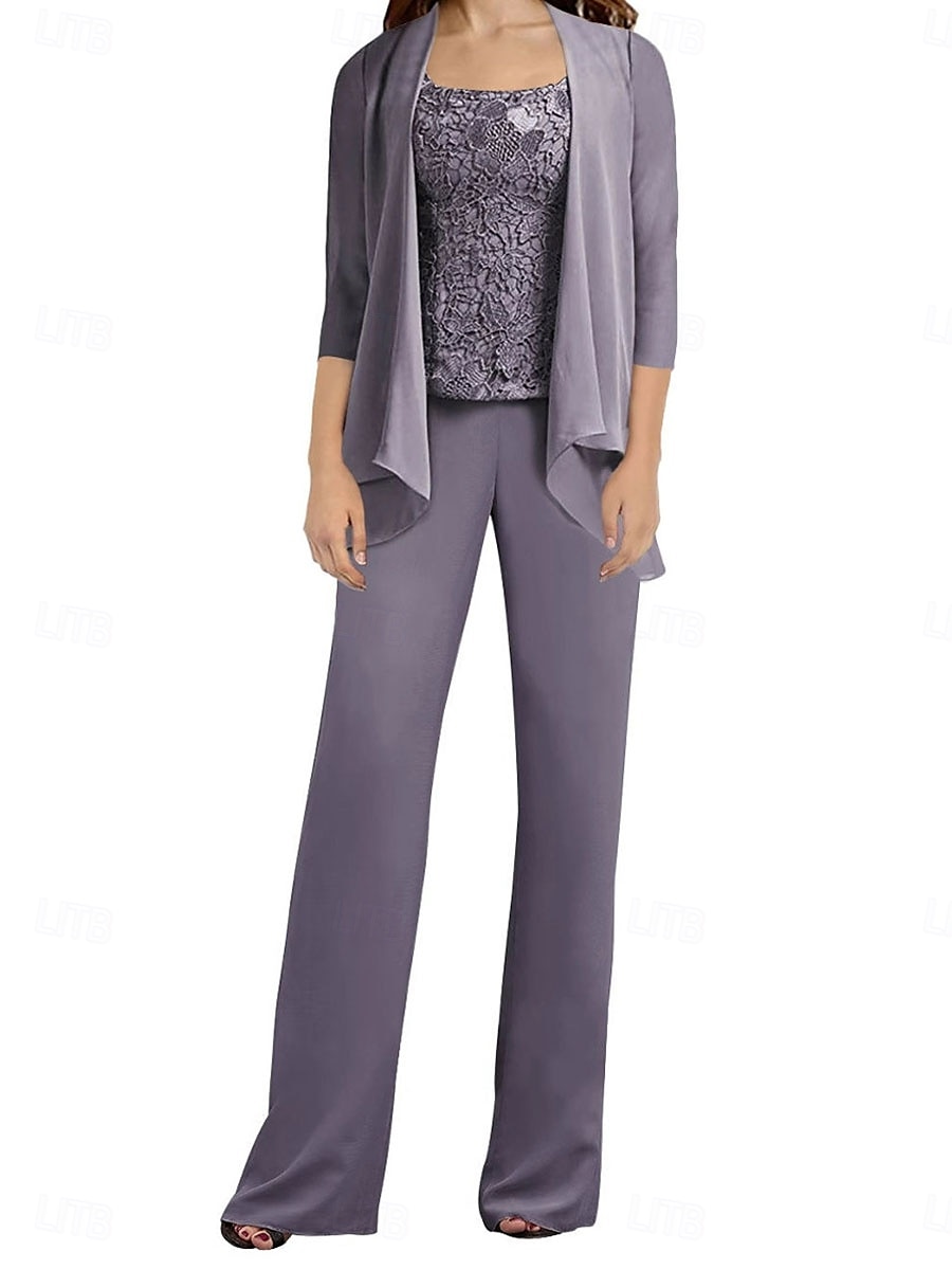 Hosenanzug Brautmutterkleid Hochzeitsgast Elegant Einfach Rundausschnitt Bodenlang Polyester Langarm mit Applikationen Einfarbig 2025 2025 - $103.99 –P1