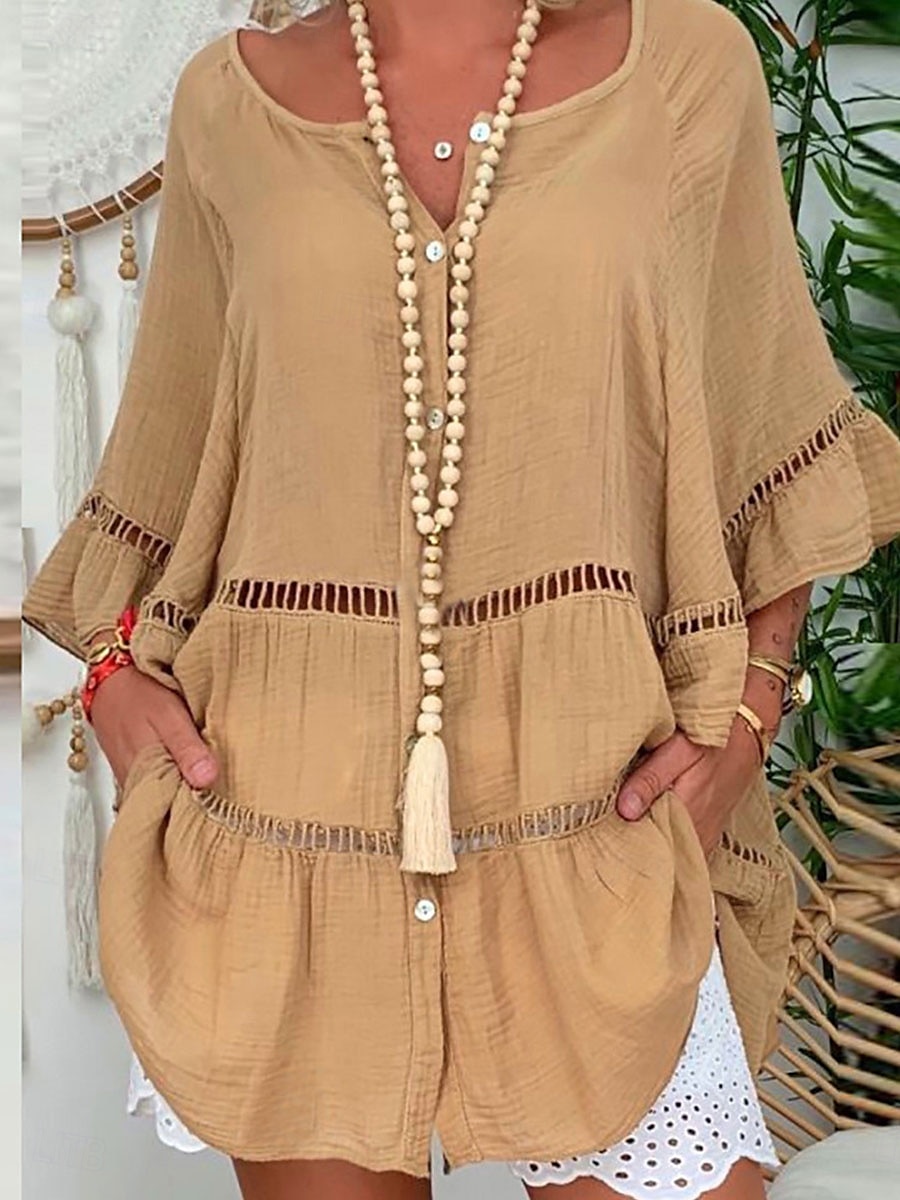 Damen Mini Kleid Shift Kleid Rüschendress Puffärmel Kleid Leinen Casual Täglich Urlaub Regelmäßige Passform Grafik 3/4 Ärmel V-Ausschnitt Weiß Gelb Rot Braun Sommer 2025 - $26.99 –P7