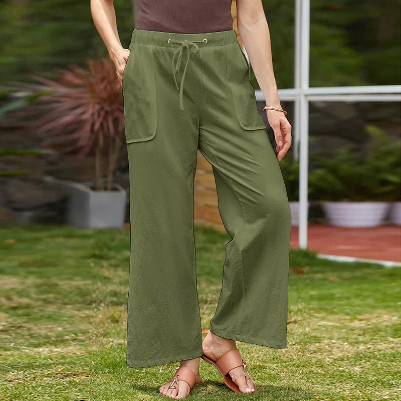 Mulheres Calças de linho de algodão Calças Simples Casual Comprimento total Natural Tecido Bolsos Design de cordão elástico Confortável Exterior Rua Roupa Diária Marron Escuro Verde Depressão Azul de de 2025 por $23.99 –P7
