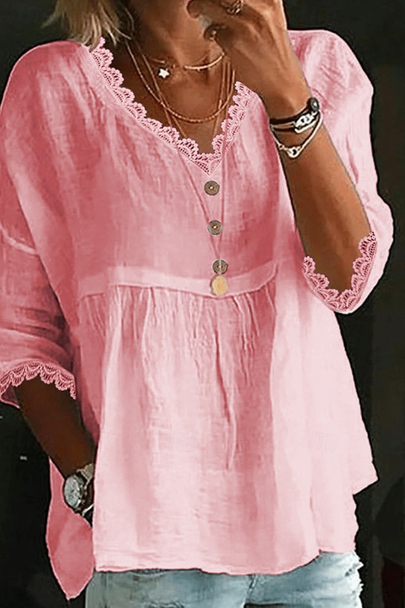 Mujer Camisa Camisas de algodón y lino Blusa Plano Básico Moderno Casual Manga 3/4 Escote en Pico Tops regulares Diario Festivos Noche Frunce Blanco Rosa Azul claro Verano 2025 - $22.99 –P5