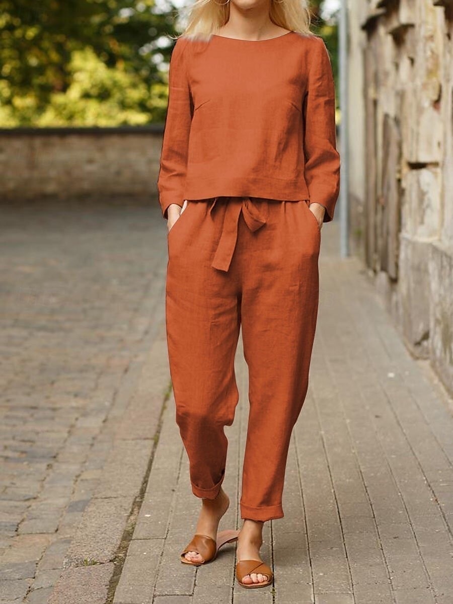 Women's Loungewear Two Piece Sets Simple Casual Comfort Pure Color Pocket Shirt Cotton Linen Sets Pant Vacation Home Daily Long Sleeve Crew Neck Black Blue Orange Beige Summer Spring 2025 - $28.99 –P7