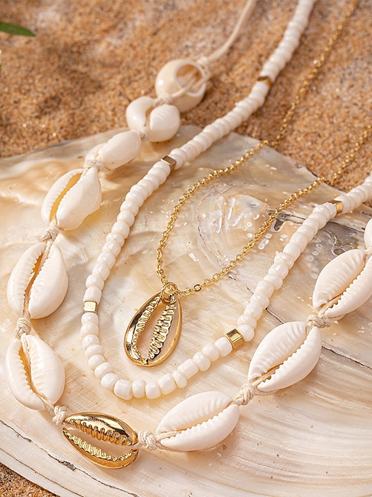 Women's Boho Cowrie Shell Necklace Set – Layered Beach Jewelry with Gold Accents, Handmade Summer Surf Choker for Vacation, Festivals & Casual Wear 2025 - $9.99 –P7
