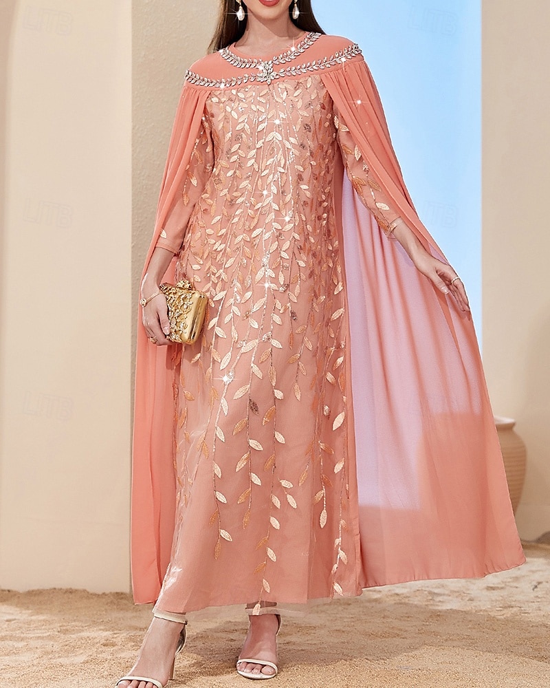A-Line Cape Dress Mother of the Bride Dress Elegant Vintage Party Crew Neck Floor Length Chiffon Long Sleeve with Beading Embroidered Lace Applique 2025 - $99.99 –P3