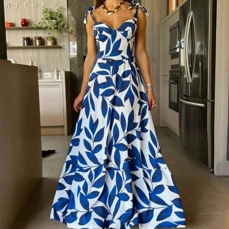 Damen kleid lang abendkleider Cocktailkleid Elegant Modisch Party Tee-Party Wochenende Regular Fit Blume Ärmellos Spaghetti-Träger Blau Sommer 2025 - $27.99 –P2