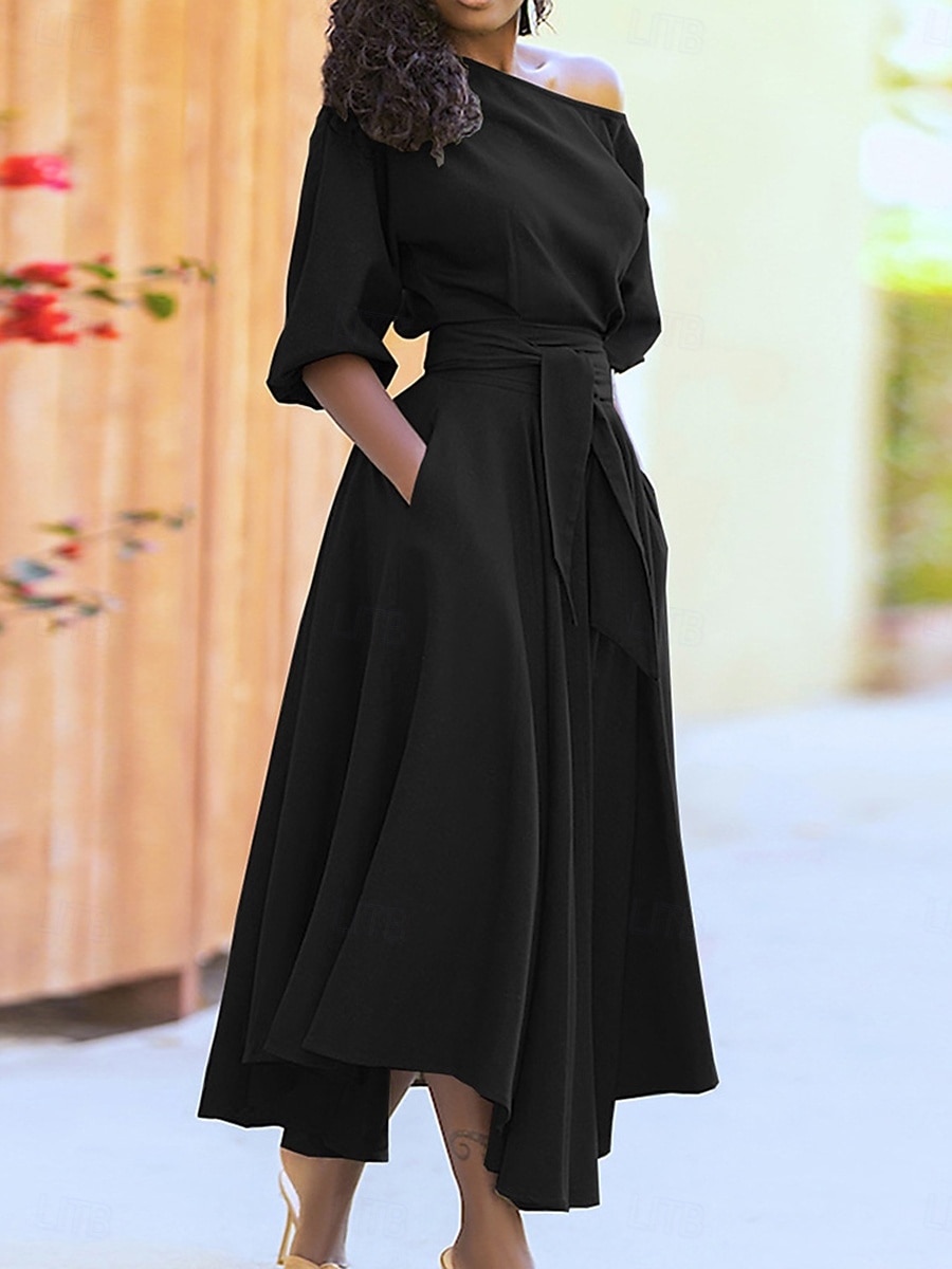 Women's Midi Dress Fit And Flare Dress Elegant Stylish Casual Oversized  Solid Color 3/4 Length Sleeve Off Shoulder Black Wine Khaki Army Green  Summer Spring Fall 2026 - CAD $46.99
