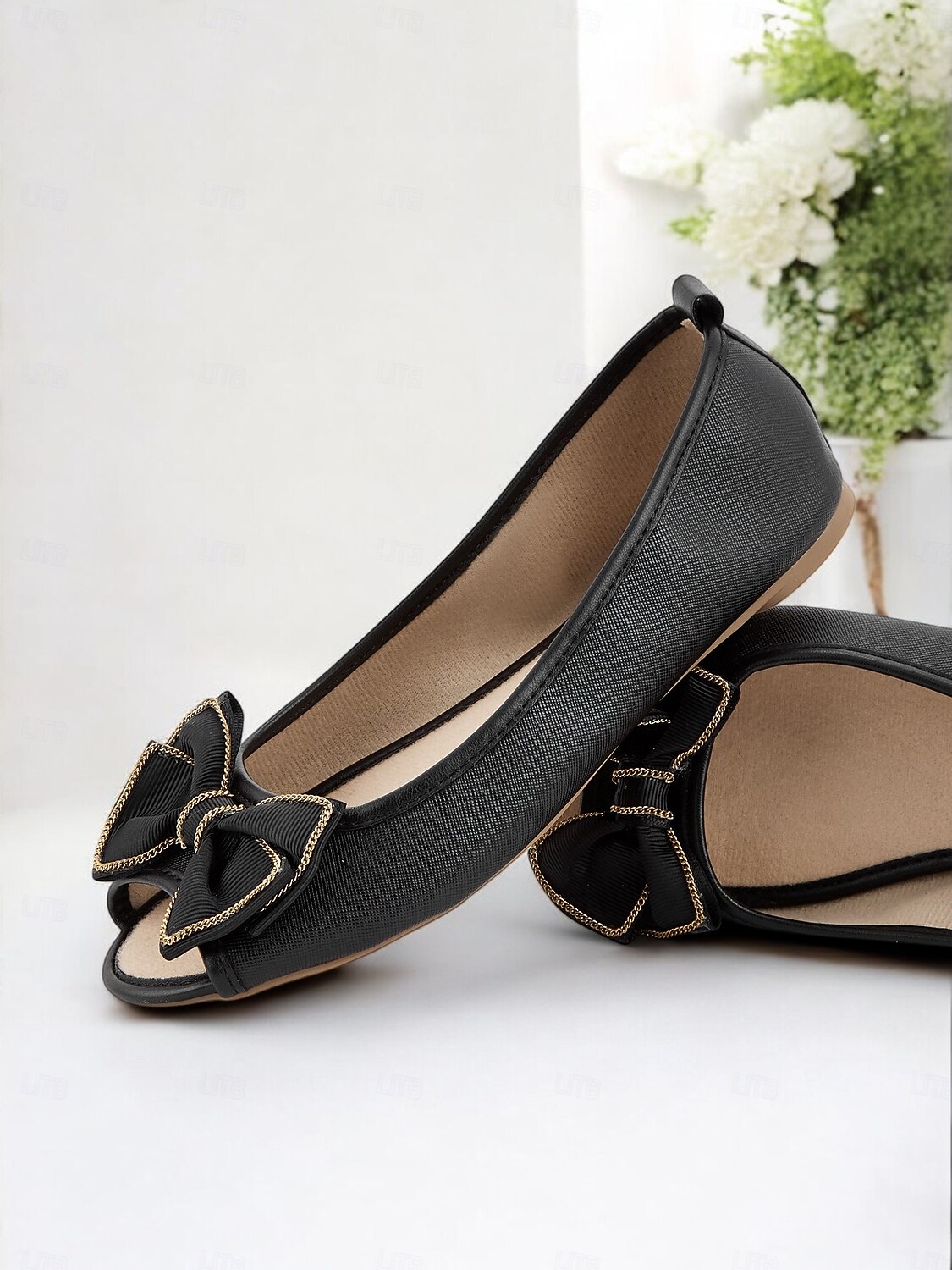 balerini negri matlasați, cu vârf deschis, cu fundă - pantofi șic cu slip-on pentru birou și purtarea de zi cu zi 2025 - $18.99 -P1