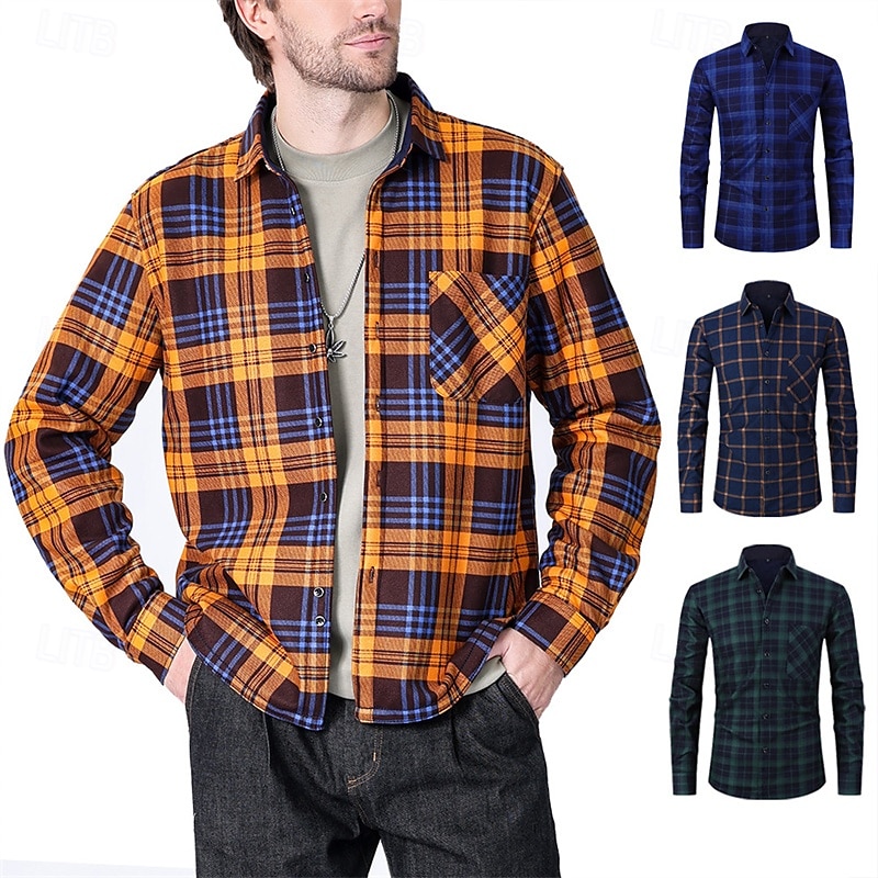 Men's Shirt Casual Shirt Beach Shirt Fleece Shirt Button Up Shirt Red Royal Blue Blue Orange Green Long Sleeve Plaid Lapel Vacation Hawaiian Pocket Clothing Apparel Polyester Fashion Casual 2025 - $28.99 –P1