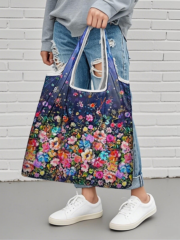 vikbar shoppingväska med stor kapacitet – återanvändbar väska med blommönster, miljövänlig lätt matväska för kvinnor, resor och daglig användning 2025 - $14.99 –P2