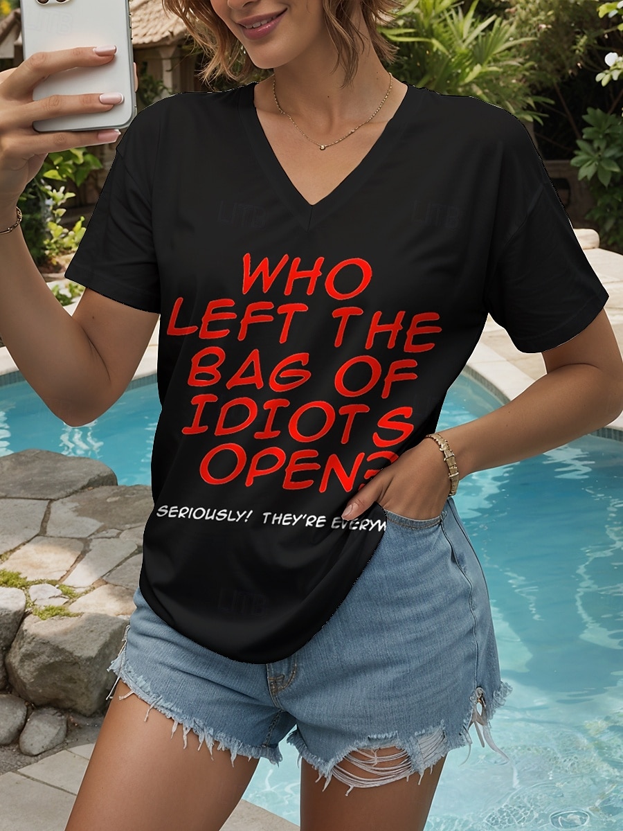 Damen Bluse Buchstabe Brautkleider schlicht Kurzarm V Ausschnitt Normale Oberteile Täglich Ausgehen Strandbekleidung Bedruckt Schwarz Weiß Sommer 2025 - $24.99 –P4