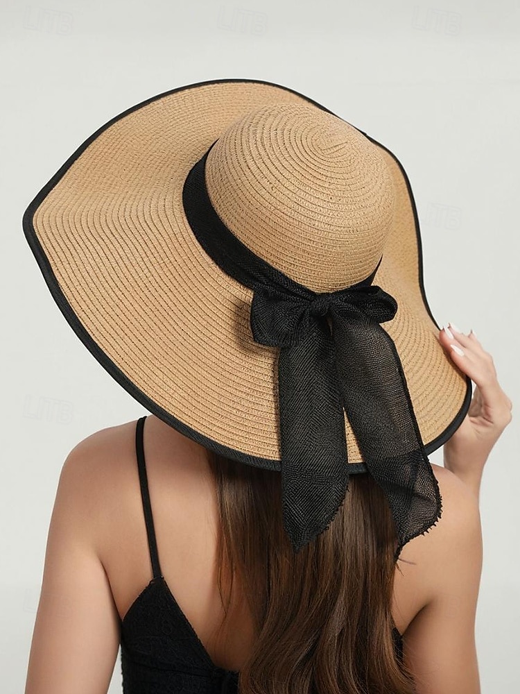 elegant solhatt med bred brätte för kvinnor – sommarhatt i stråhatt med svart rosett, UV-skydd, hopfällbar floppy hatt för semester, trädgårdsfester och utomhusresor 2025 - $14.99 –P1